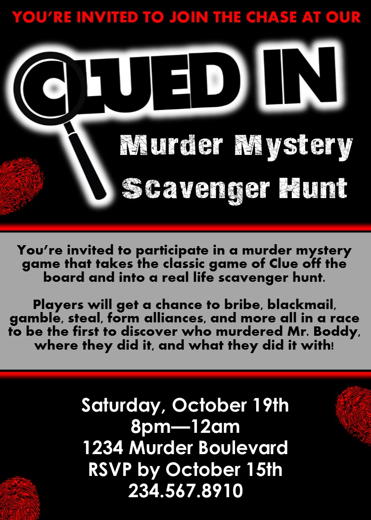 CluedIn Murder Mystery Scavenger Hunt Printable Party Game Inspired