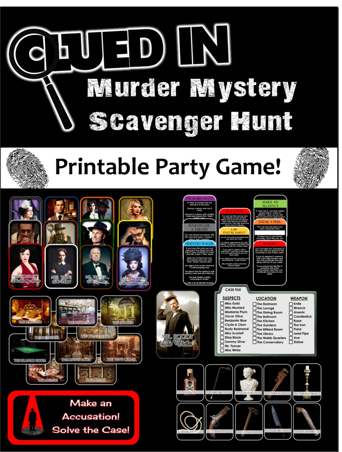 Clued In Murder Mystery Scavenger Hunt Printable Party Game Inspired By Clue